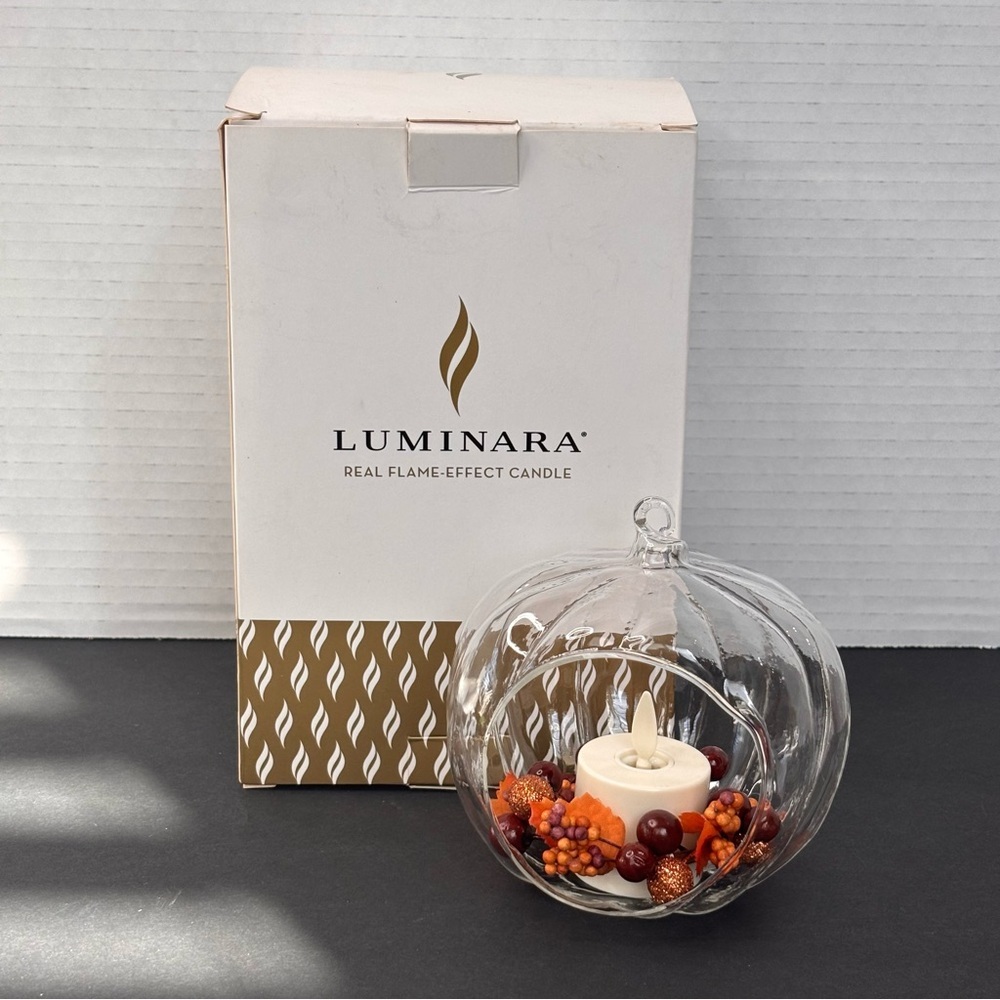 Luminara Fall Harvest Pumpkin Glass Ornament Flameless Candle Remote NEW